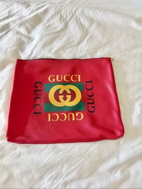 Gucci Red Leather Logo Pouch with Green and Yellow Graphic
